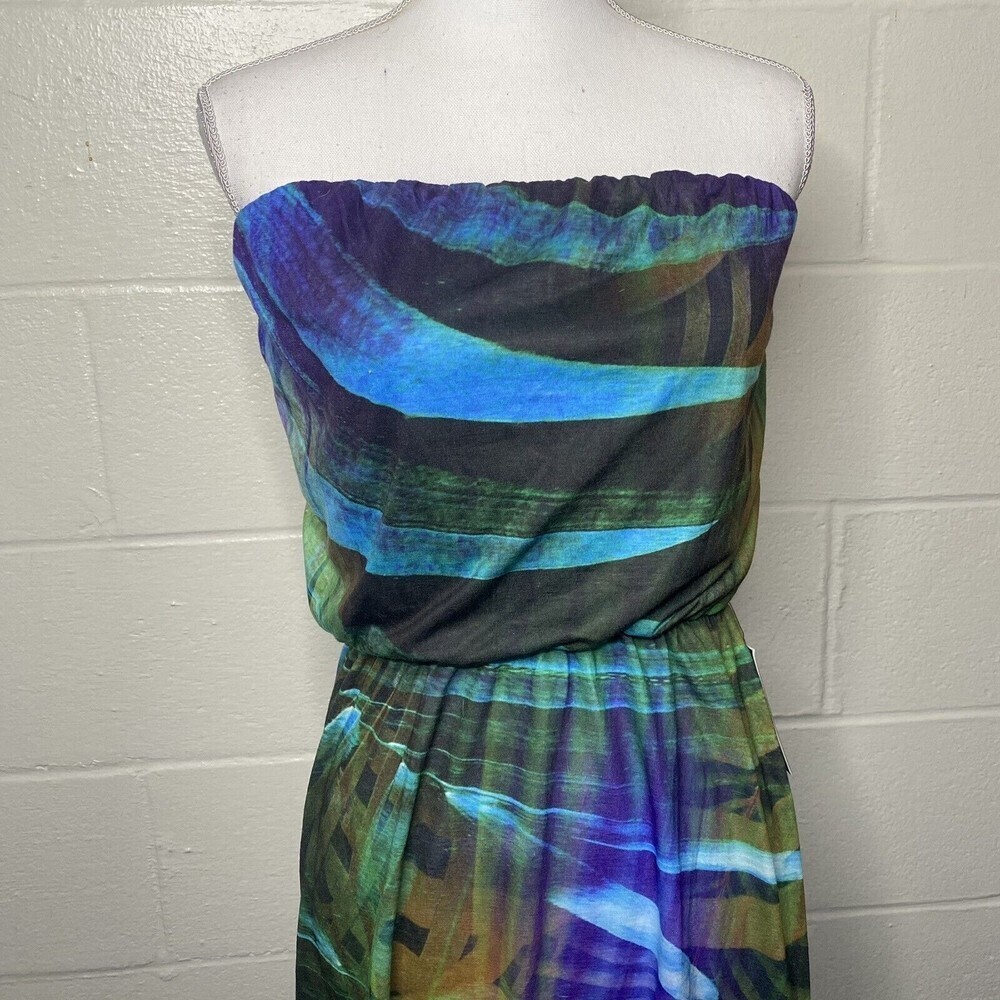 Express Hi Low Strapless Dress Multi Color SZ S Black Green Stretch New - Picture 2 of 14